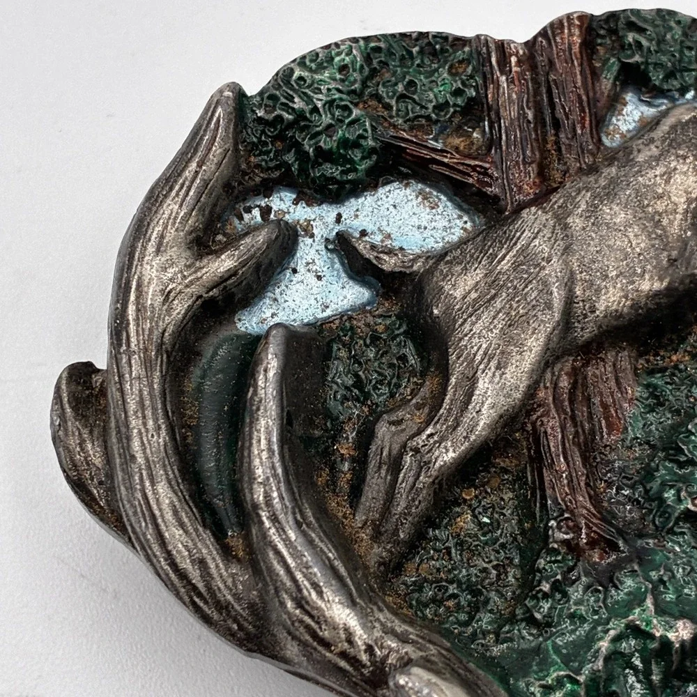 Vintage 1982 The Great American Buckle Deer Fawn Jumping Forest Belt Buckle USA